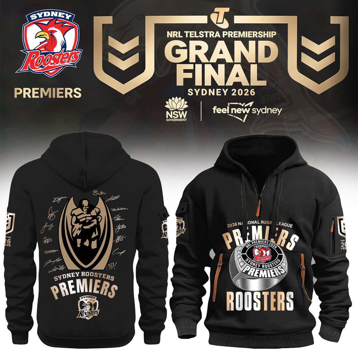 Sydney Roosters 2026 NRL Premiers Limited Edition Half ZipHoodie