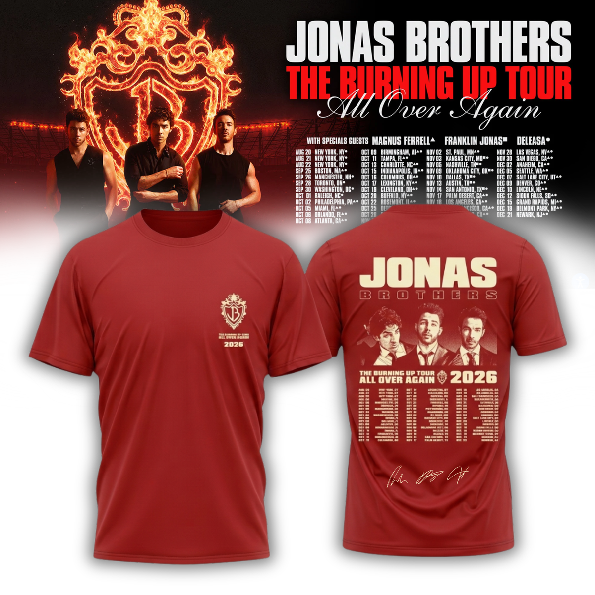 Jonas Brothers “The Burning Up Tour All Over Again 2026” TShirt