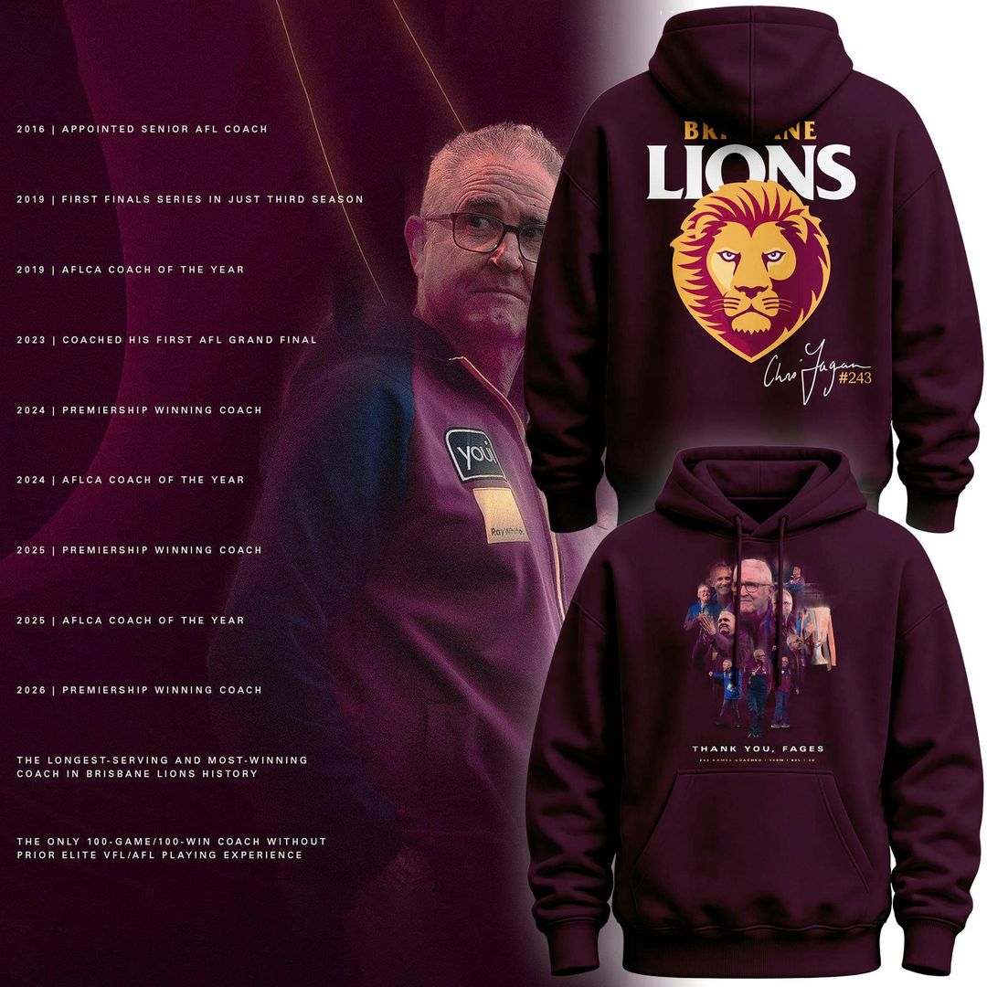 New Hoodie "THANK YOU FAGES" Coach Chris Fagan Signed Brisbane Lions