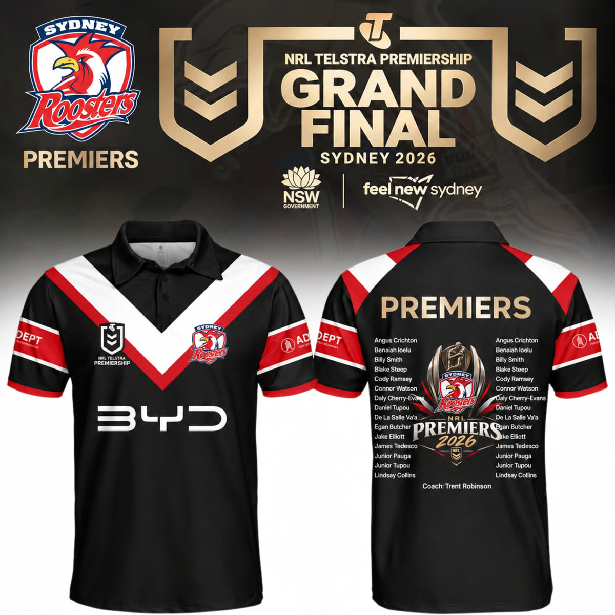 Limited Edition Sydney Roosters NRL Premiers 2026 Polo