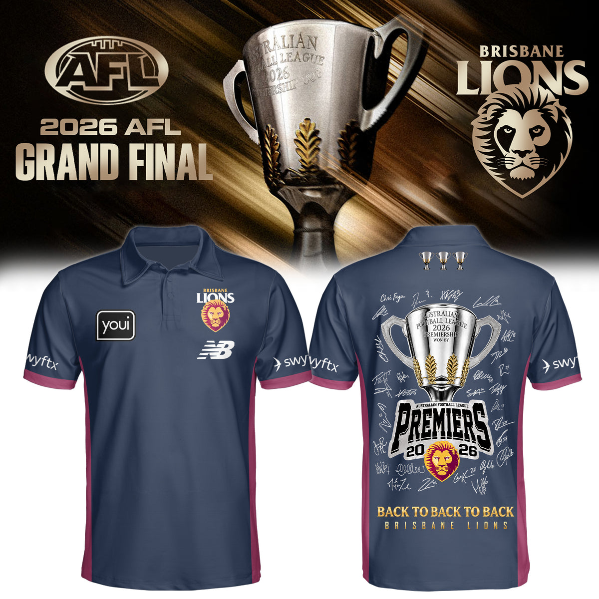 Brisbane Lions 2026 Three-peat Premiers. Limited Edition Polo