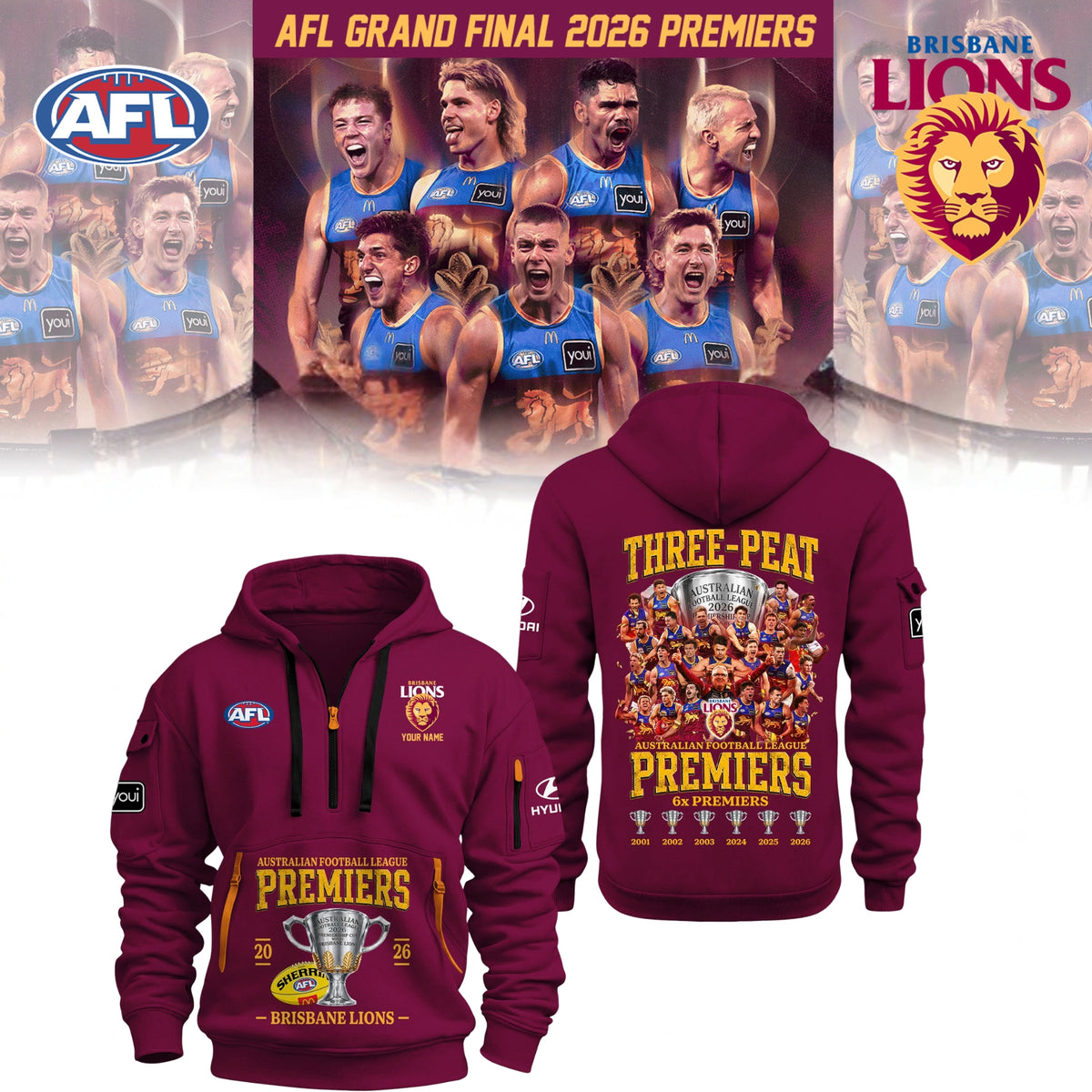 Brisbane Lions AFL 2026 Premiership Champions Half ZipHoodie