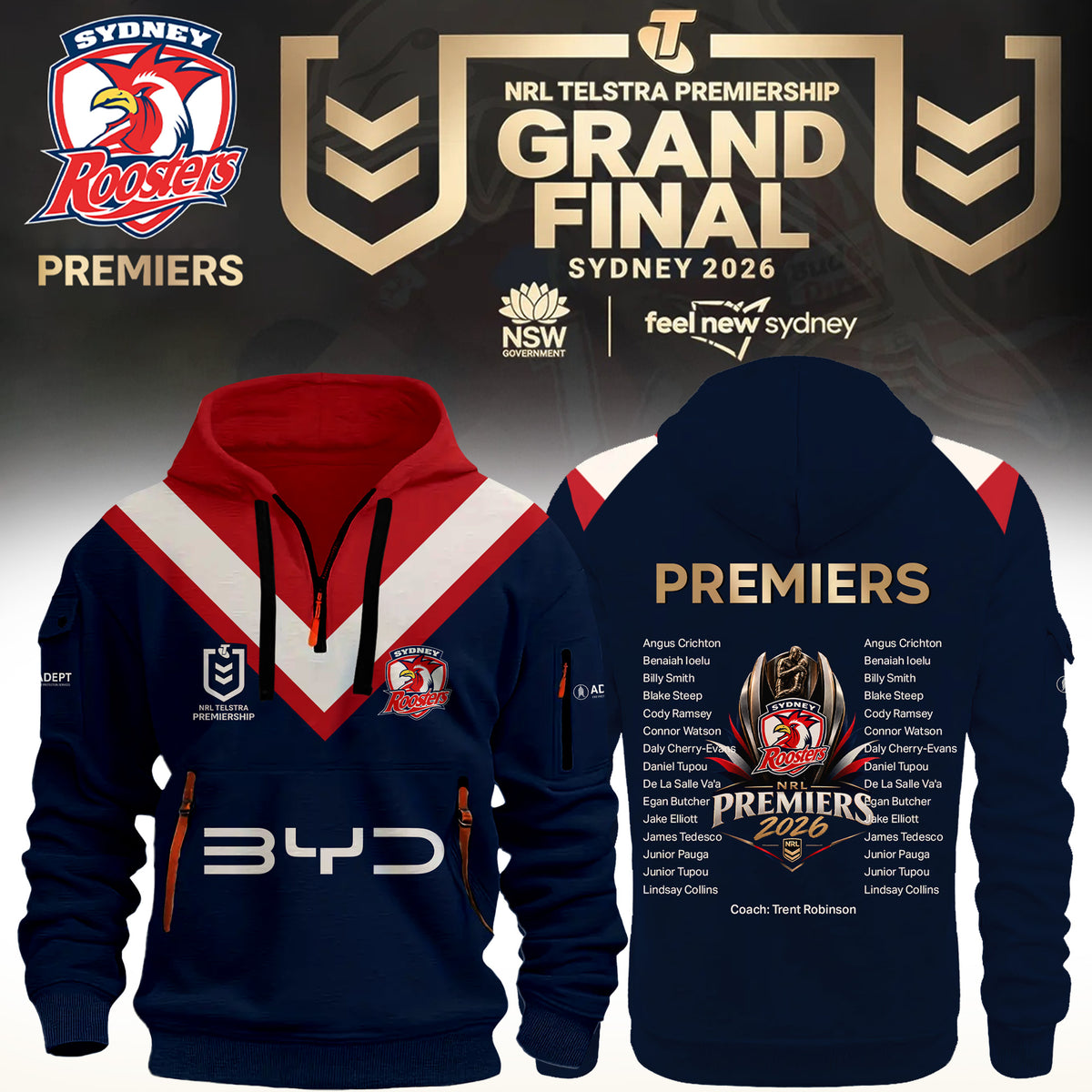 Sydney Roosters 2026 NRL Premiers Limited Edition Half ZipHoodie