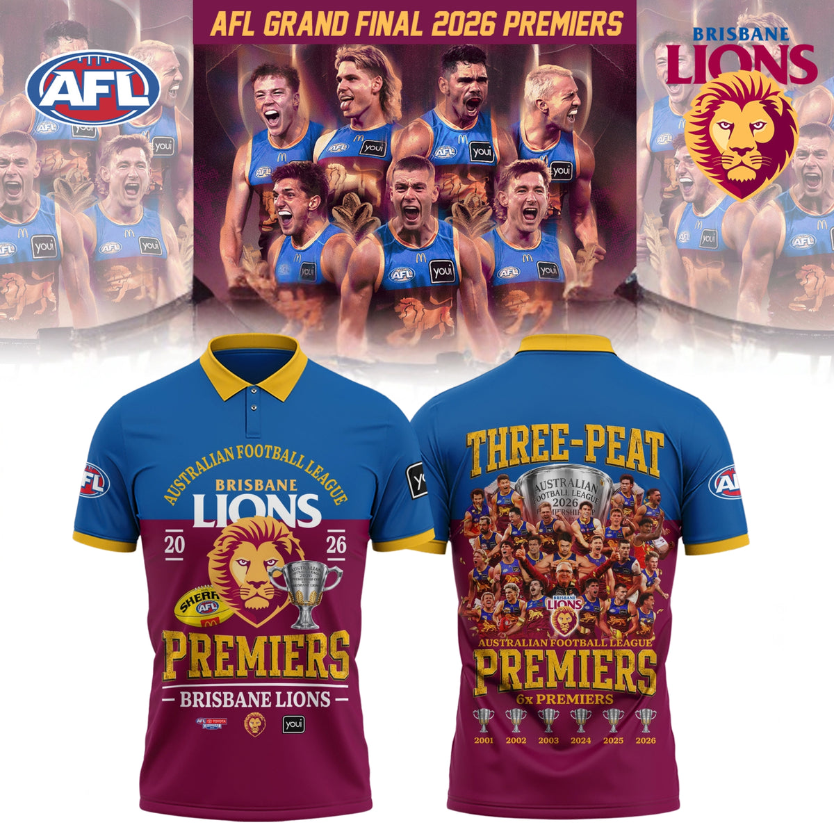Brisbane Lions 2026 Three-peat Premiers. Limited Edition Polo