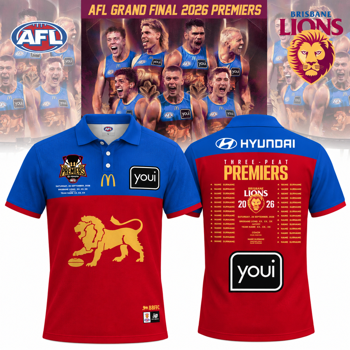 Brisbane Lions 2026 Three-peat Premiers. Limited Edition Polo
