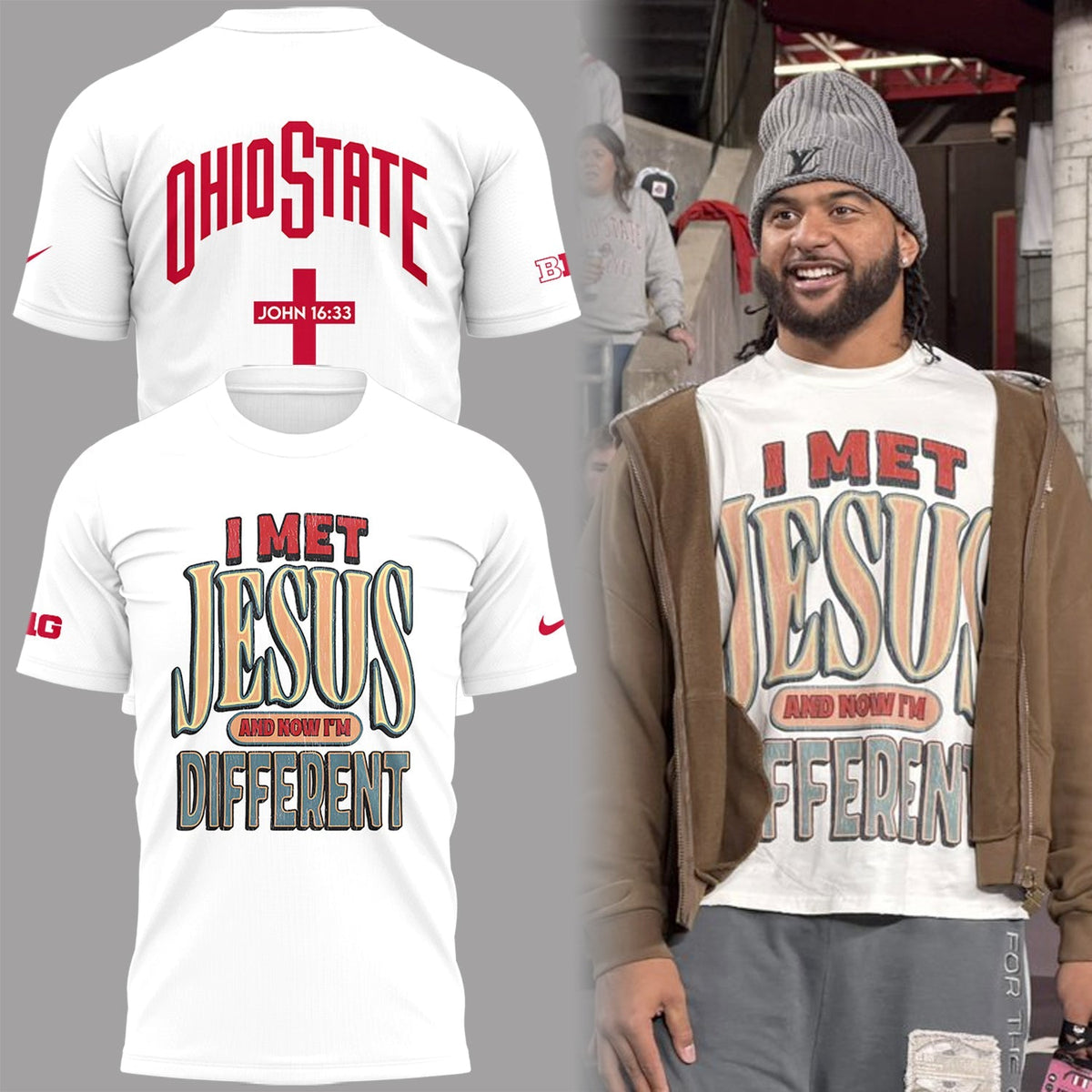 Back at Ohio State, J.T. Tuimoloau makes a statement in the ˜I MET JESUS AND NOW I™M DIFFERENT™ T-Shirt