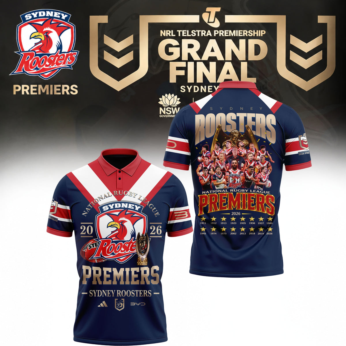 Limited Edition Sydney Roosters NRL Premiers 2026 Polo