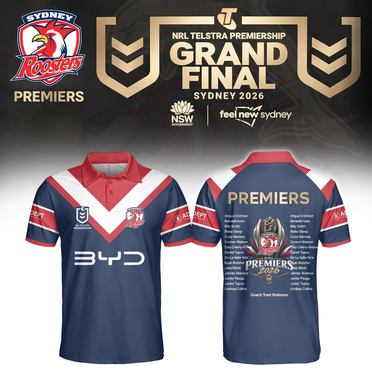 Limited Edition Sydney Roosters NRL Premiers 2026 Polo