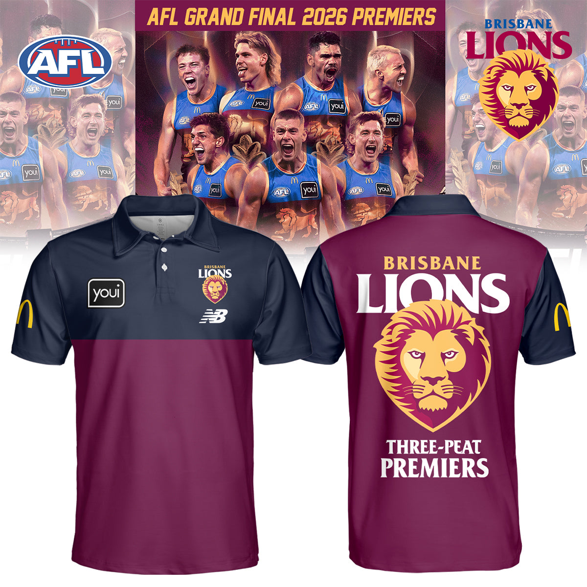 Brisbane Lions 2026 Three-peat Premiers. Limited Edition Polo