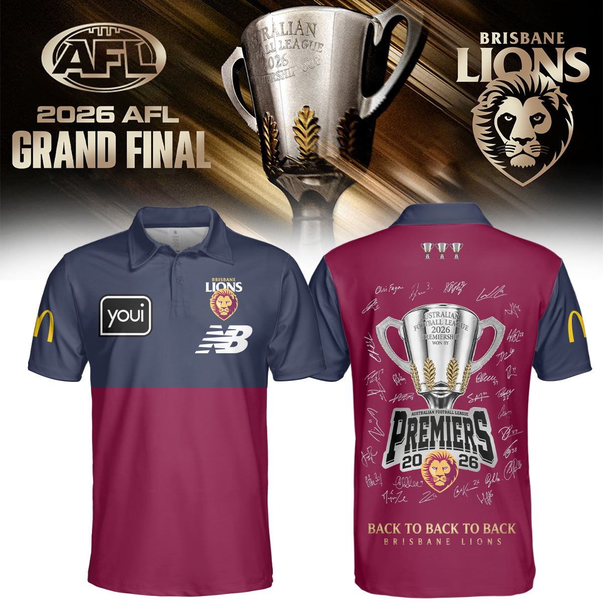 Brisbane Lions 2026 Three-peat Premiers. Limited Edition Polo
