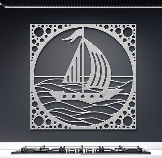 Sail Boat Metal Sign, Sea Waves Wall Decor, Sail Boat in Ocean Metal Sign, Decorative Sea View Wall Art, Wall Hanging Sea Metal Decor