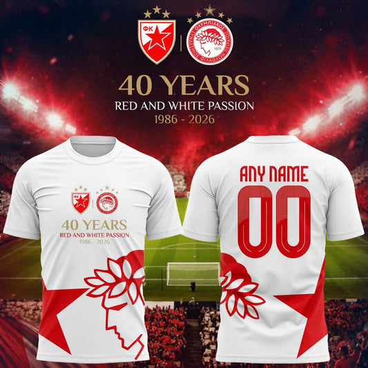 (Custom Name/Number) Olympiacos FC 40 Years of Red & White Passion Anniversary T-Shirt