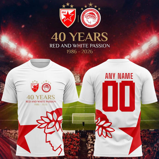 (Custom Name/Number) FK Crvena Zvezda 40 Years of Red & White Passion Anniversary T-Shirt