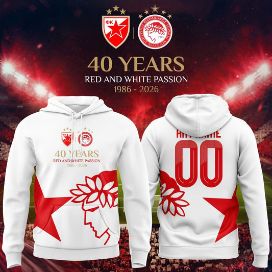 (Custom Name/Number) Olympiacos FC 40 Years of Red & White Passion Anniversary Hoodie