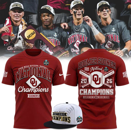 Men's Champion Crimson Oklahoma Sooners 2026 NCAA Baseball Men's College World Series Champions Locker Room T-Shirt