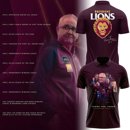 Limited Edition Polo Shirt "THANK YOU FAGES" Coach Chris Fagan Signed Brisbane Lions