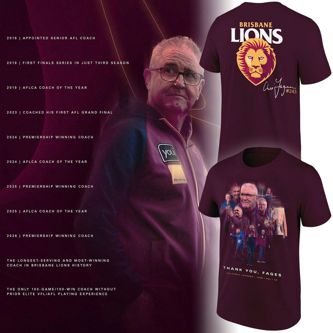 Limited Edition T-Shirt "THANK YOU FAGES" Coach Chris Fagan Signed Brisbane Lions