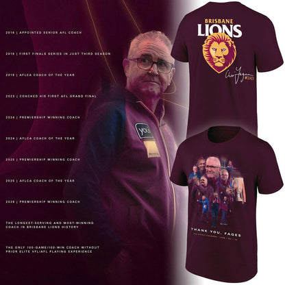 Limited Edition T-Shirt "THANK YOU FAGES" Coach Chris Fagan Signed Brisbane Lions