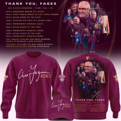 New Sweatshirt "THANK YOU FAGES" Coach Chris Fagan Signed Brisbane Lions