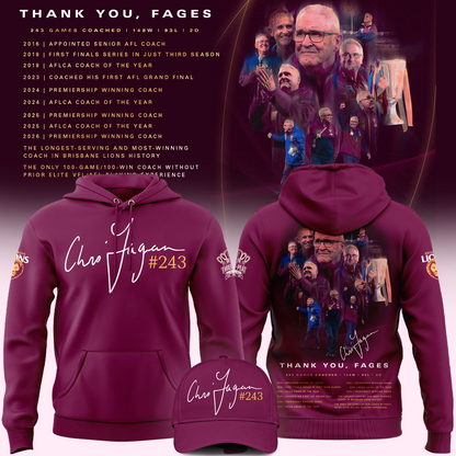New Hoodie "THANK YOU FAGES" Coach Chris Fagan Signed Brisbane Lions