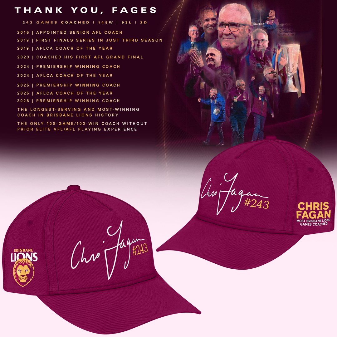 New Cap "THANK YOU FAGES" Coach Chris Fagan Signed Brisbane Lions